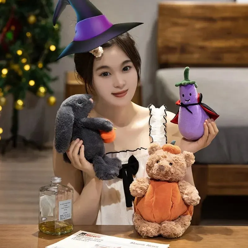 Black Rabbit Pumpkin, Bear and Eggplant Plush Toy – Soft Stuffed Doll with Bear Ears, Perfect for Halloween Trick or Treat Fun