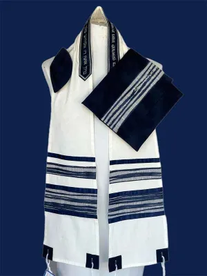 Elegant Blue Wave Cotton Tallit Narrow