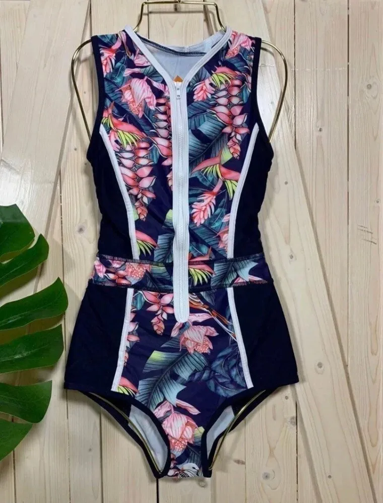 S-XXL new Paradise Blues halter rashguard UPF sleeveless swimsuit modest blue pink fully there swimwear