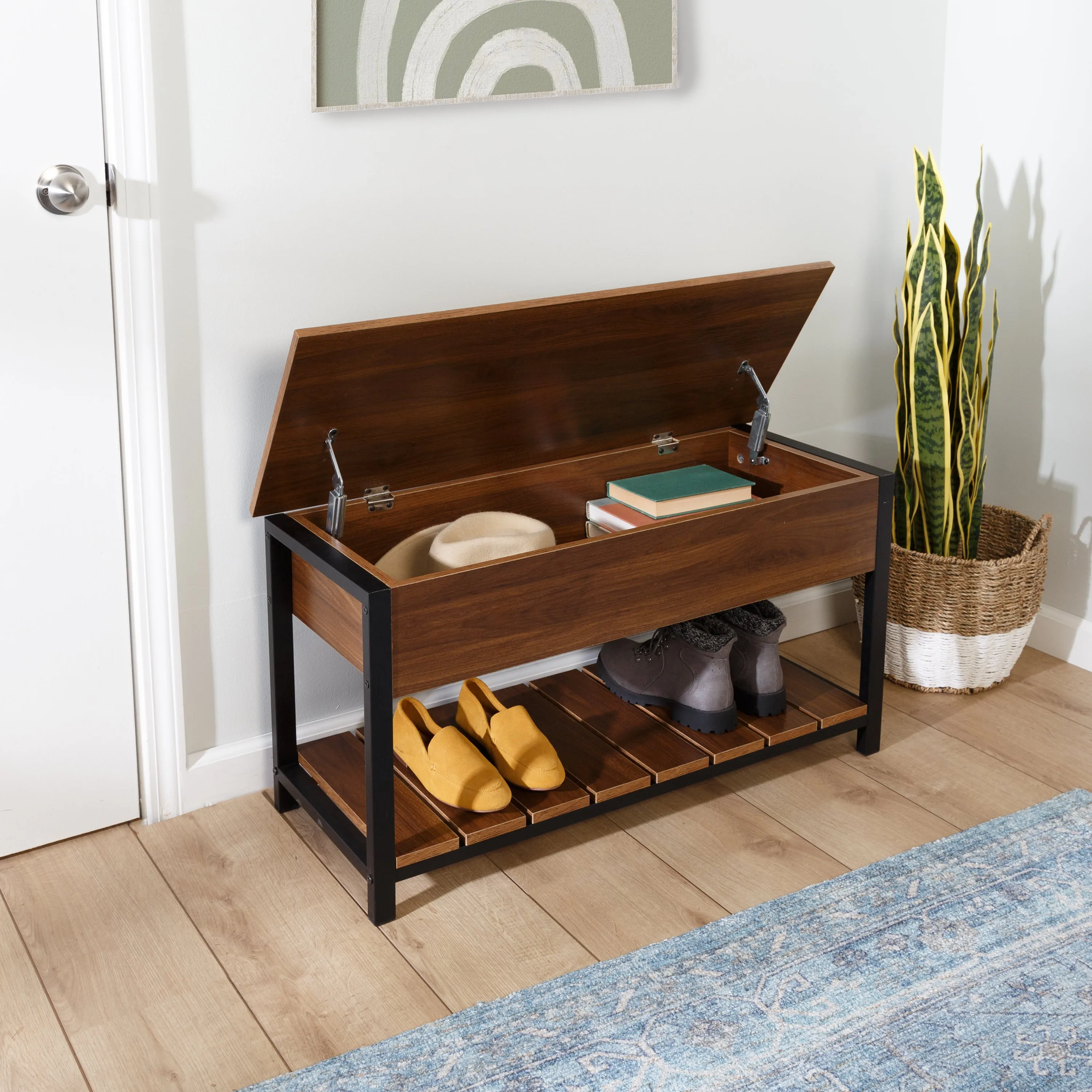 Walnut/Black Bench with Open-Top and Shoe Storage