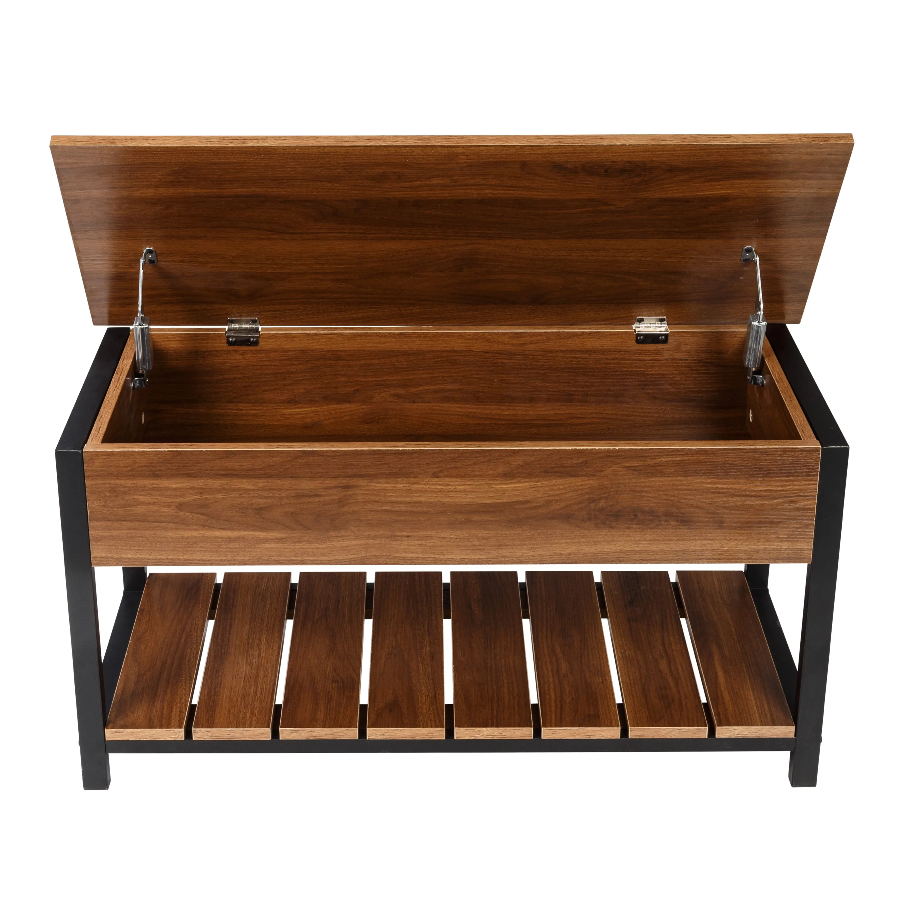 Walnut/Black Bench with Open-Top and Shoe Storage