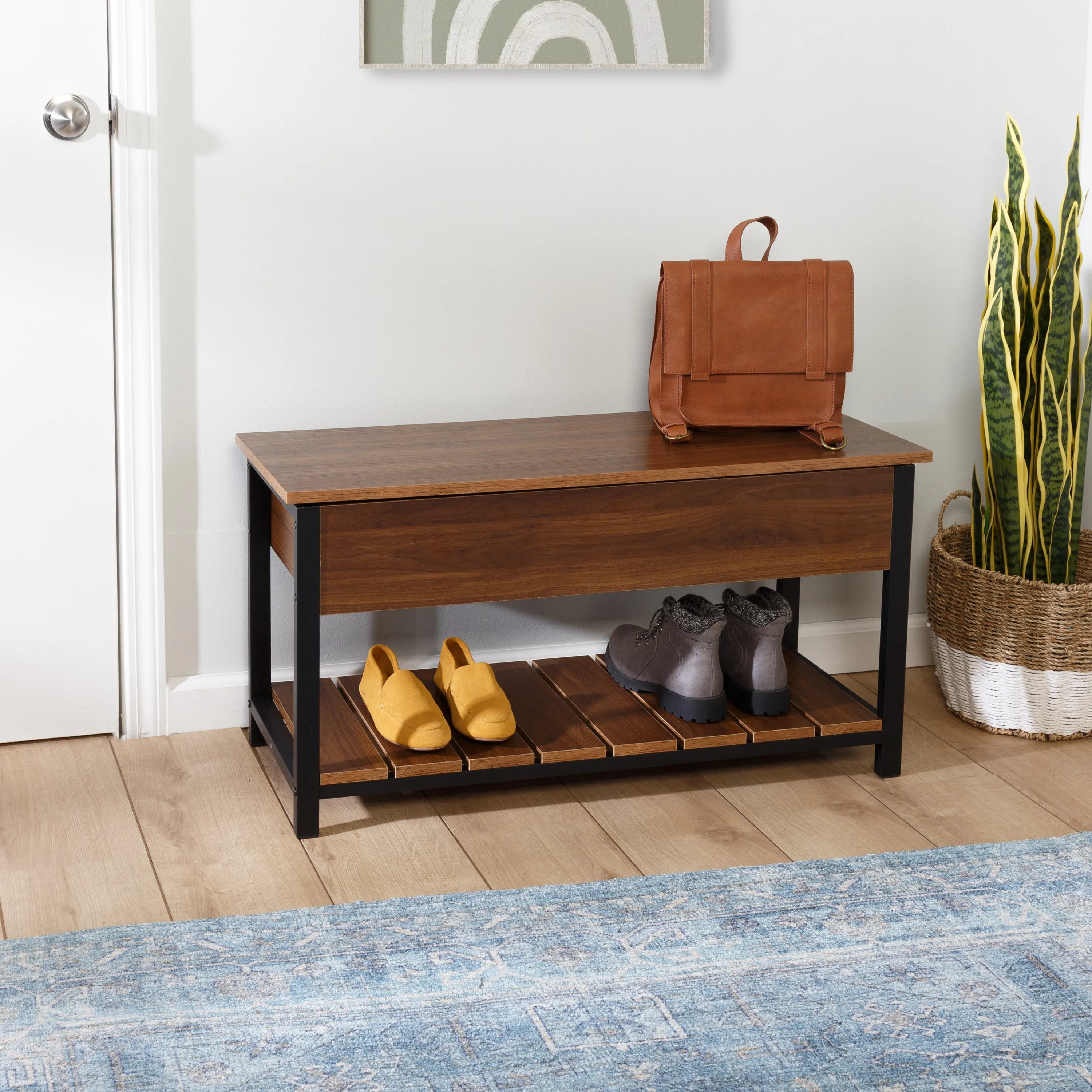 Walnut/Black Bench with Open-Top and Shoe Storage