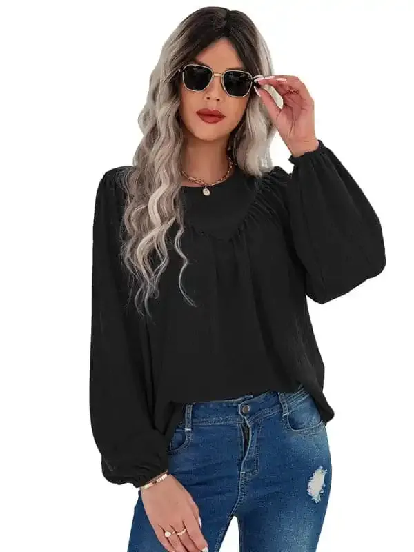 Women’s casual loose round neck solid color pullover shirt