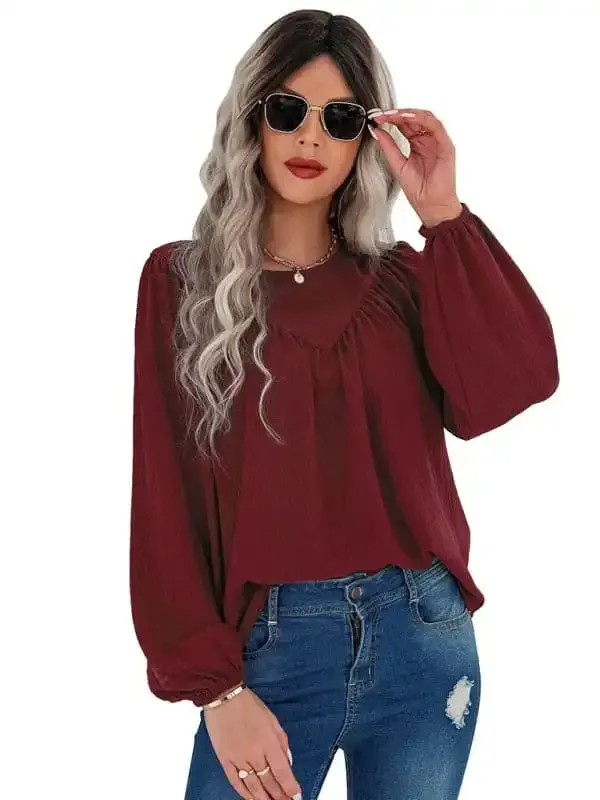 Women’s casual loose round neck solid color pullover shirt