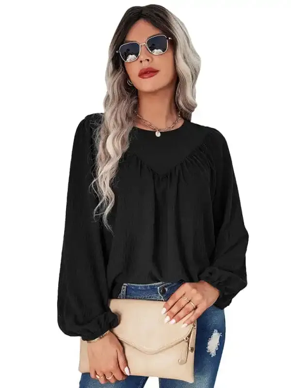 Women’s casual loose round neck solid color pullover shirt