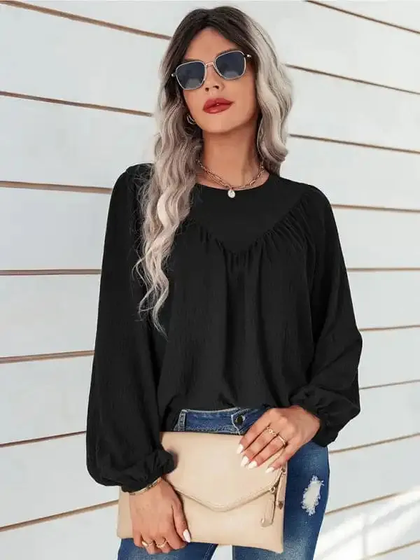 Women’s casual loose round neck solid color pullover shirt